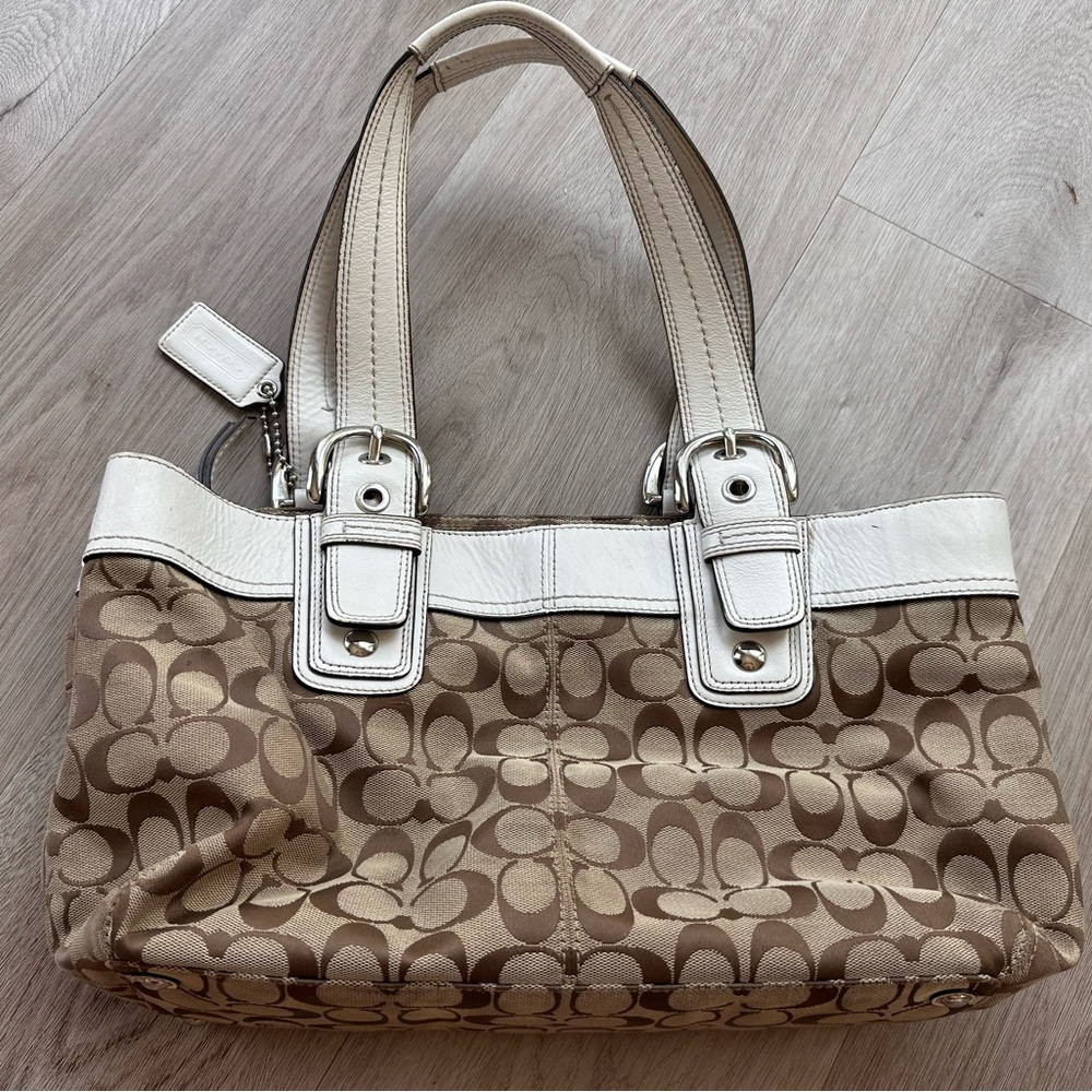Coach Tan and White Signature Tote Bag